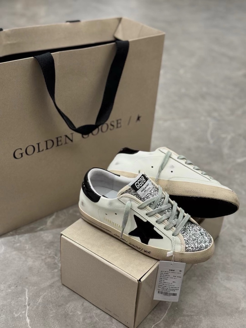 Golden Goose White Leather Sneakers with Black Star and Silver Glitter Toe - Picture 8 of 8